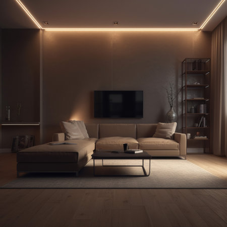 Empty Light Display Wall of modern room with interior lights Include an elegant couch, generative AI.の素材