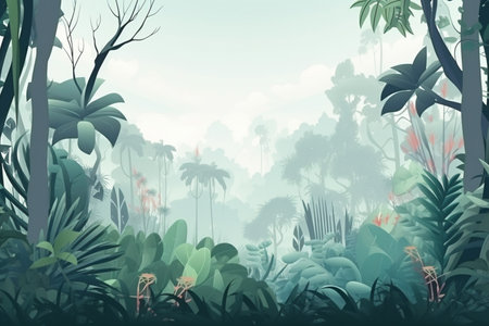 background with plants and leaves mountain landscape open forest, blurred green plants background with space, Generative AI.の素材