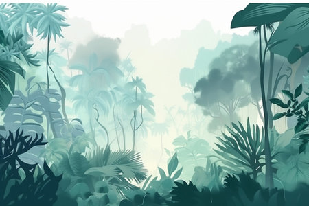 background with plants and leaves mountain landscape open forest, blurred green plants background with space, Generative AI.の素材
