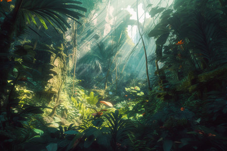 background with plants and leaves mountain landscape open forest, blurred green plants background with space, Generative AIの素材