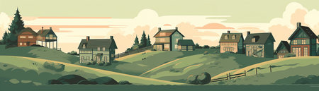 art countryside landscape in summer with blue sky background for poster, covers, cards, banner, generative AI.の素材