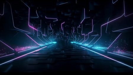 Abstract neon lights laser rays fashion stage background with laser rays, futuristic, , retro sci-fi style, generative AI.の素材