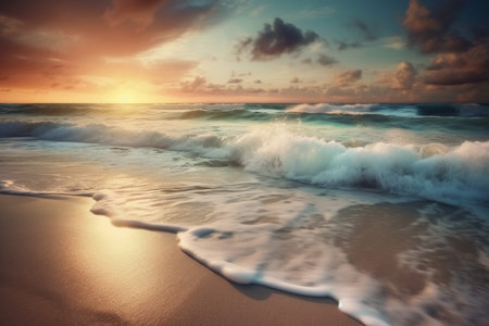 Beautiful landscape with Colorful Ocean Wave sea sunset on beach light and clouds on background summer mood, generative AI.の素材