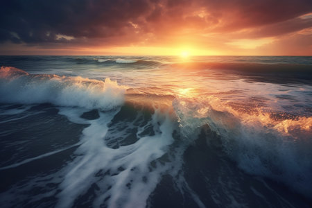 Beautiful landscape with Colorful Ocean Wave sea sunset on beach light and clouds on background summer mood, generative AI.の素材