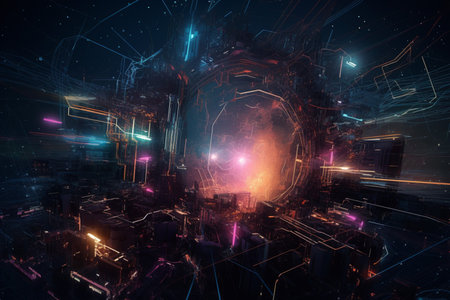 Futuristic integrated microchip Circuit board texture with communication technology concept. technology background, generative AI.の素材