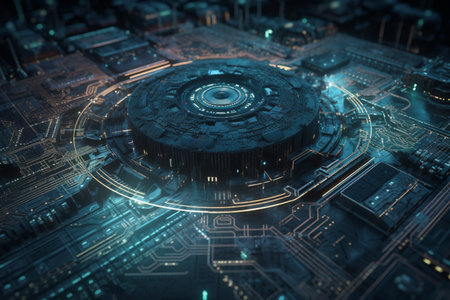 Futuristic integrated microchip Circuit board texture with communication technology concept. technology background, generative AI.の素材