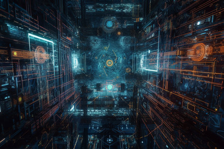 Futuristic integrated microchip Circuit board texture with communication technology concept. technology background, generative AI.の素材