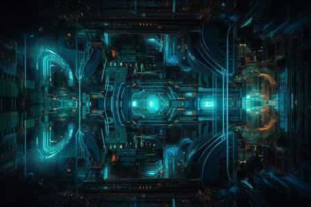 Futuristic integrated microchip Circuit board texture with communication technology concept. technology background, generative AI.の素材