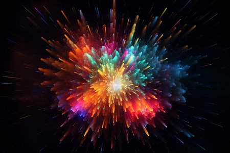 Colorful paint splashes Explosion of colored powder on black background gulal or abeer or Holi powder, Abstract closeup dust on backdrop, Generative AIの素材