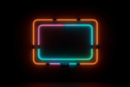 Square frame sign in the shape rectangle picture on a black background Top view futuristic style, generative AI.の素材