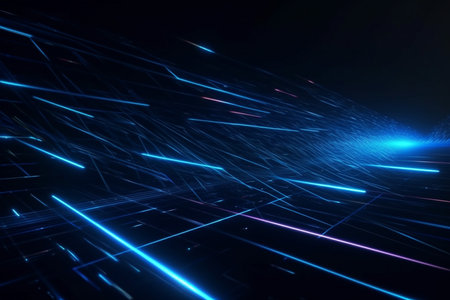 Abstract blue line colorful neon Modern Speed ââeffect in dark background.Motion light effect  Virtual technology network data, Generative AI.の素材