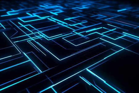 Abstract blue line colorful neon Modern Speed ââeffect in dark background.Motion light effect  Virtual technology network data, Generative AI.の素材