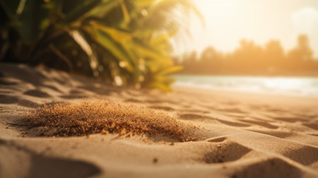 Close up sand Seascape abstract Summer sandy beach tropical background. blur bokeh light of sea ocean and sky, Generative AI.の素材