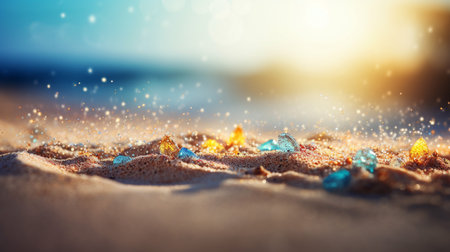 Close up sand Seascape abstract Summer sandy beach tropical background. blur bokeh light of sea ocean and sky, Generative AI.の素材