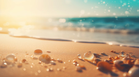 Close up sand Seascape abstract Summer sandy beach tropical background. blur bokeh light of sea ocean and sky, Generative AI.の素材