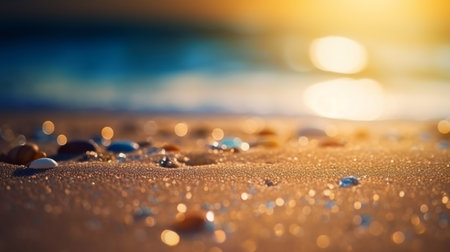 Close up sand Seascape abstract Summer sandy beach tropical background. blur bokeh light of sea ocean and sky, Generative AI.の素材