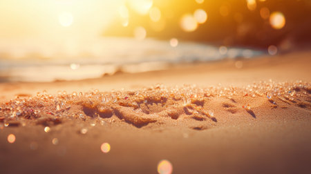 Close up sand Seascape abstract Summer sandy beach tropical background. blur bokeh light of sea ocean and sky, Generative AI.の素材