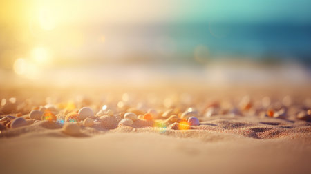 Close up sand Seascape abstract Summer sandy beach tropical background. blur bokeh light of sea ocean and sky, Generative AI.の素材