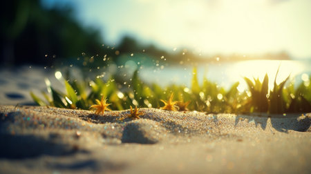 Close up sand Seascape abstract Summer sandy beach tropical background. blur bokeh light of sea ocean and sky, Generative AI.