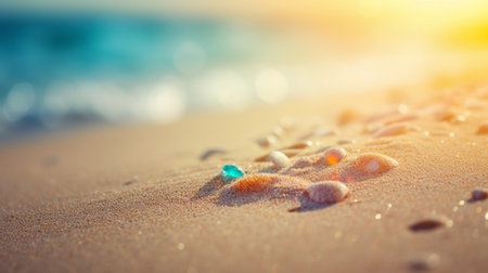 Close up sand Seascape abstract Summer sandy beach tropical background. blur bokeh light of sea ocean and sky, Generative AI.の素材