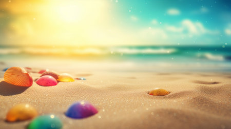 Close up sand Seascape abstract Summer sandy beach tropical background. blur bokeh light of sea ocean and sky, Generative AI.の素材