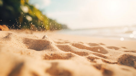 Close up sand Seascape abstract Summer sandy beach tropical background. blur bokeh light of sea ocean and sky, Generative AI.の素材