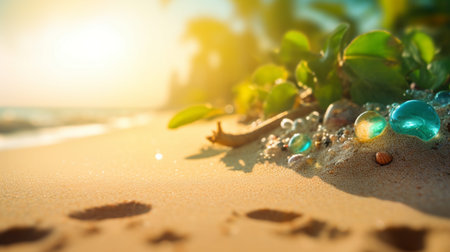 Close up sand Seascape abstract Summer sandy beach tropical background. blur bokeh light of sea ocean and sky, Generative AI.の素材