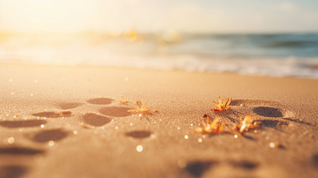 Close up sand Seascape abstract Summer sandy beach tropical background. blur bokeh light of sea ocean and sky, Generative AI.の素材
