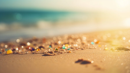 Close up sand Seascape abstract Summer sandy beach tropical background. blur bokeh light of sea ocean and sky, Generative AI.の素材