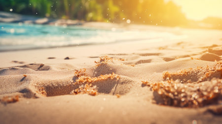 Close up sand Seascape abstract Summer sandy beach tropical background. blur bokeh light of sea ocean and sky, Generative AI.の素材
