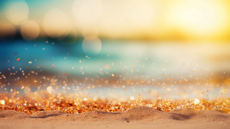 Close up sand Seascape abstract Summer sandy beach tropical background. blur bokeh light of sea ocean and sky, Generative AI.の素材