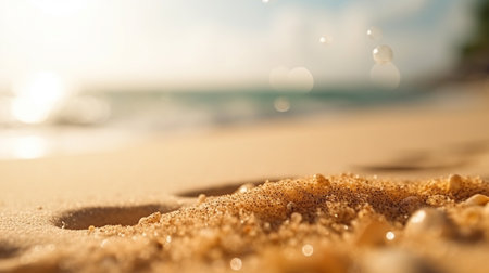 Close up sand Seascape abstract Summer sandy beach tropical background. blur bokeh light of sea ocean and sky, Generative AI.の素材