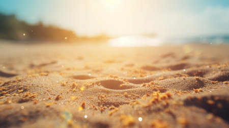 Close up sand Seascape abstract Summer sandy beach tropical background. blur bokeh light of sea ocean and sky, Generative AI.の素材