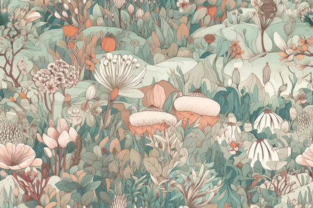 Natural botanical elegant flower print pattern beautiful fantasy vintage wallpaper Colorful pretty retro style, Generated AI.の素材