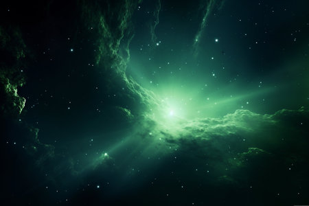 bright green star in starfield dark galaxy planets in a free space, generated AI.の素材