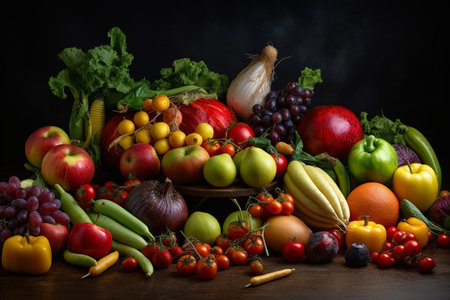 Set of bright fresh vegetables and fruits on the table, Food background, soft light, advertising photography, commercial photography, generative AI.の素材