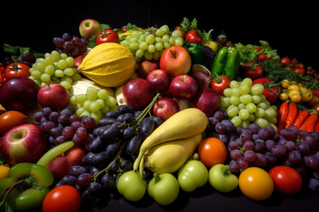Set of bright fresh vegetables and fruits on the table, Food background, soft light, advertising photography, commercial photography, generative AI.の素材