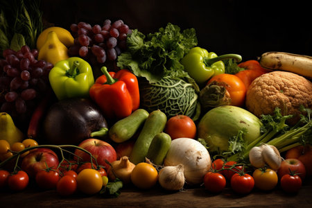 Set of bright fresh vegetables and fruits on the table, Food background, soft light, advertising photography, commercial photography, generative AI.の素材
