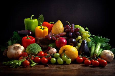 Set of bright fresh vegetables and fruits on the table, Food background, soft light, advertising photography, commercial photography, generative AI.の素材