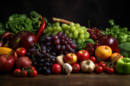 Set of bright fresh vegetables and fruits on the table, Food background, soft light, advertising photography, commercial photography, generative AI.の素材