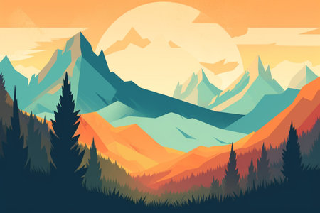 painting mountains background retro poster scenery breathtaking stylized travel poster or sticker Great Smoky Mountains nature landscape, generative AI.の素材