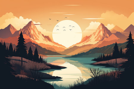 painting mountains background retro poster scenery breathtaking stylized travel poster or sticker Great Smoky Mountains nature landscape, generative AI.の素材