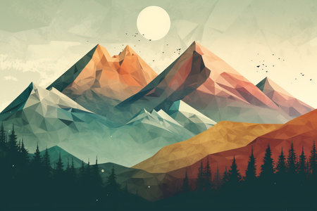 painting mountains background retro poster scenery breathtaking stylized travel poster or sticker Great Smoky Mountains nature landscape, generative AI.の素材