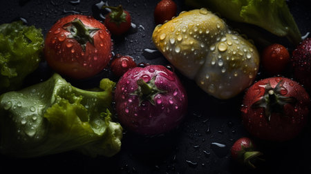 Various fresh raw vegetables with water splash running water on a wet black table from vegetable garden with rain drops, generative AI.の素材