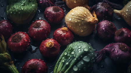 Various fresh raw vegetables with water splash running water on a wet black table from vegetable garden with rain drops, generative AI.の素材