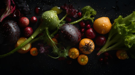 Various fresh raw vegetables with water splash running water on a wet black table from vegetable garden with rain drops, generative AI.の素材