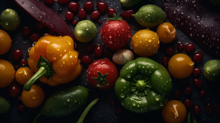 Various fresh raw vegetables with water splash running water on a wet black table from vegetable garden with rain drops, generative AI.の素材