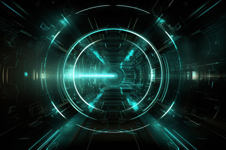 Abstract futuristic electronic circuit board and mesh line processing technology background Modern hi-tech, science, generative AI.の素材