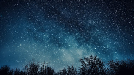Forest against the night sky or Star Field At Night backdrop of silhouettes of trees, generative AI.の素材