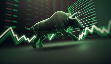 Bull run stock market trading investment Up trend of graph green background rising price FInancial concept, Generative AI.の素材
